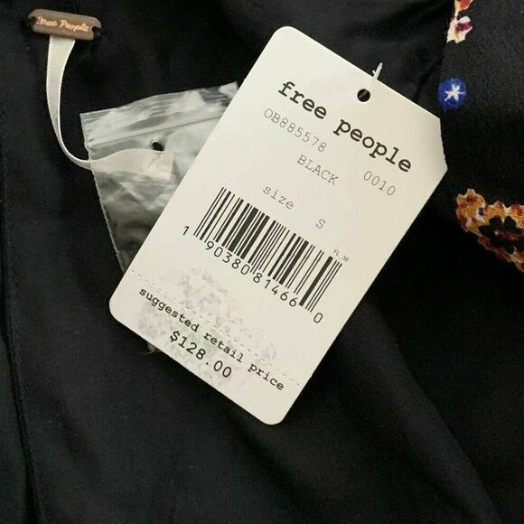 FREE PEOPLE black Floral Long Sleeves Peasant Mini Dress Small - Picture 3 of 11